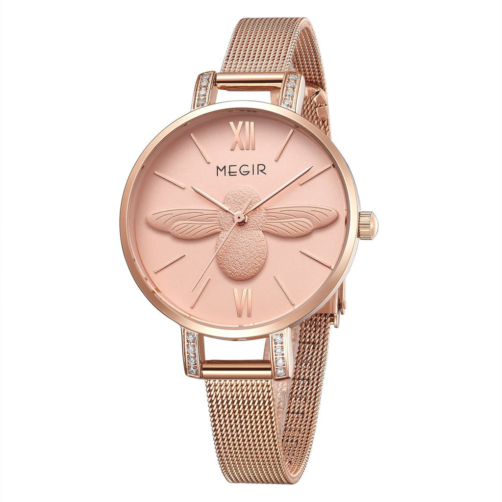 MEGIR 7009 women's quartz watch, rose-gold mesh bracelet and pink bee dial with Roman numerals, front view