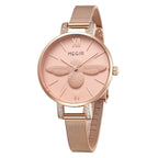 MEGIR 7009 women's quartz watch, rose-gold mesh bracelet and pink bee dial with Roman numerals, front view
