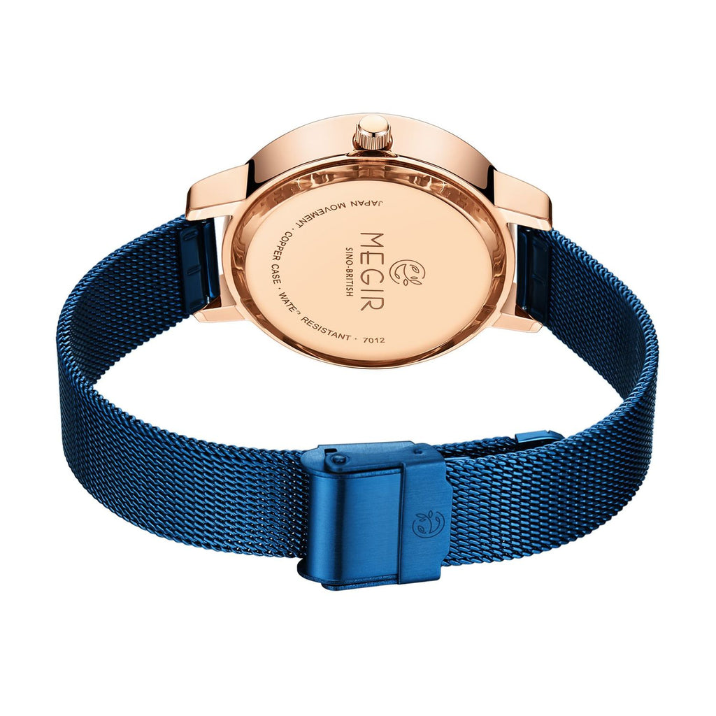 MEGIR 7012 quartz watch rose-gold-tone caseback with engraved branding and blue mesh bracelet