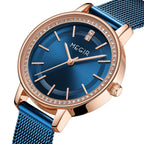 MEGIR 7012 women's quartz watch, rose-gold case, blue dial and blue mesh bracelet, front angle view