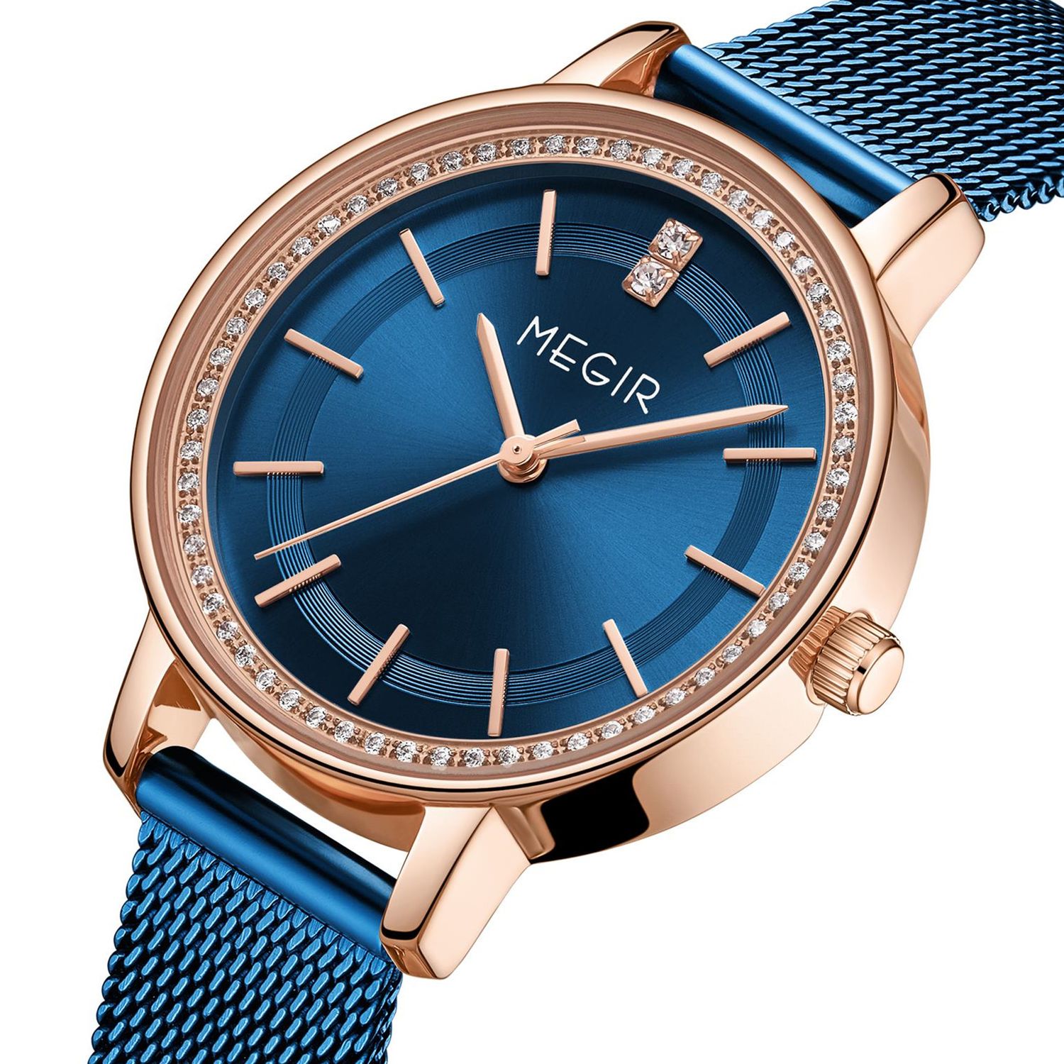 MEGIR 7012 women's quartz watch, rose-gold case, blue dial and blue mesh bracelet, front angle view