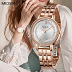 MEGIR 7012 women's quartz watch, rose-gold case, silver-white dial and rose-gold bracelet, front and wrist view