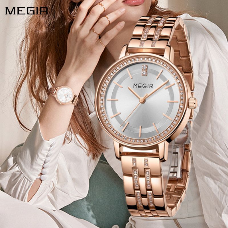 MEGIR 7012 women's quartz watch, rose-gold case, silver-white dial and rose-gold bracelet, front and wrist view
