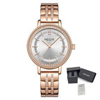 MEGIR 7012 women's quartz watch, rose-gold case, silver-white dial and crystal-set rose-gold bracelet, with gift box