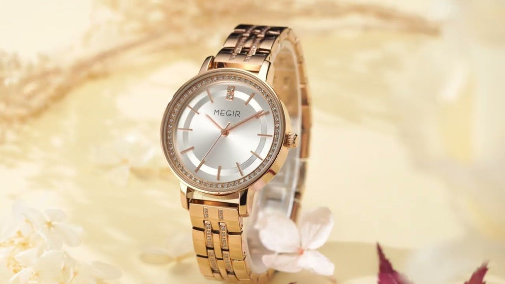 MEGIR 7012 women's quartz watch, rose-gold case, silver-white dial and rose-gold bracelet, styled with flowers