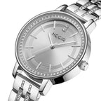 MEGIR 7012 women's quartz watch, silver case, silver-white dial and crystal-set silver bracelet, angled view