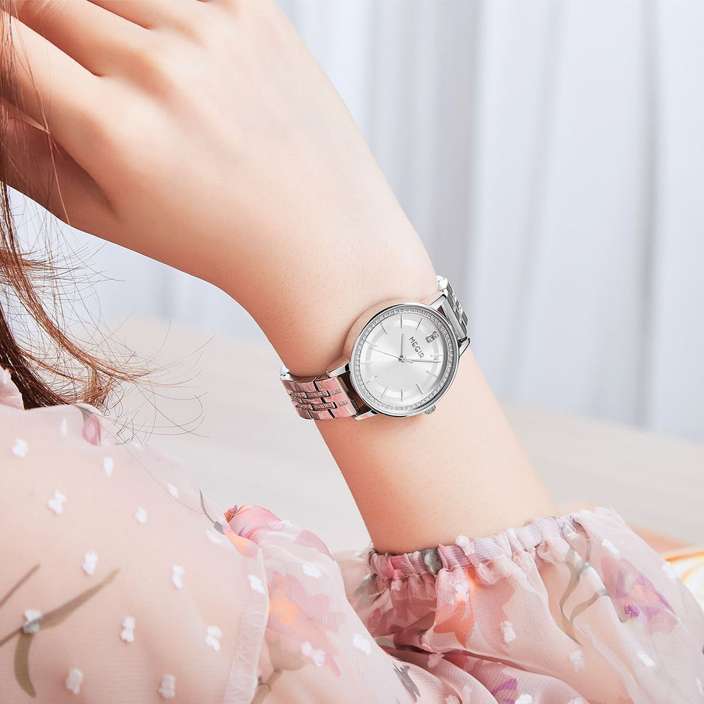 MEGIR 7012 quartz watch on the wrist, silver case, silver-white dial and silver bracelet, with floral dress