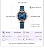 MEGIR 7012 women's quartz watch product size graphic with case, band and length dimensions, blue mesh model