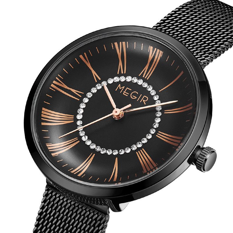 MEGIR 7014 women's quartz watch, black case, black Roman-numeral dial with crystal ring and mesh bracelet, angled