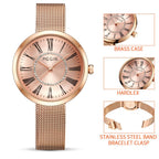 MEGIR 7014 women's quartz watch feature graphic showing case, crystal dial ring and mesh bracelet clasp, rose-gold