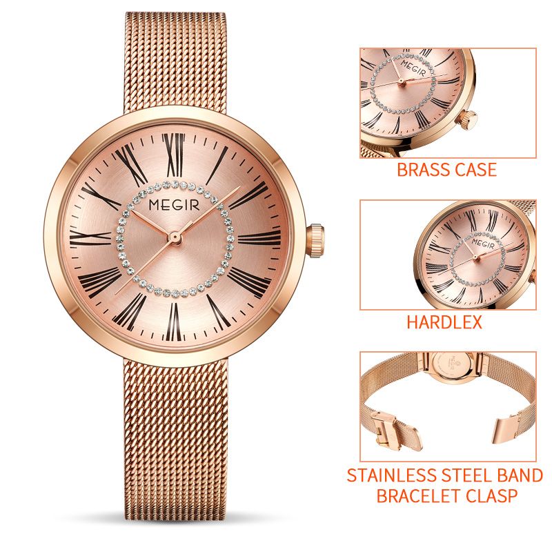 MEGIR 7014 women's quartz watch feature graphic showing case, crystal dial ring and mesh bracelet clasp, rose-gold