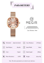 MEGIR 7014 women's quartz watch parameters graphic with case size, thickness and band dimensions, rose-gold model
