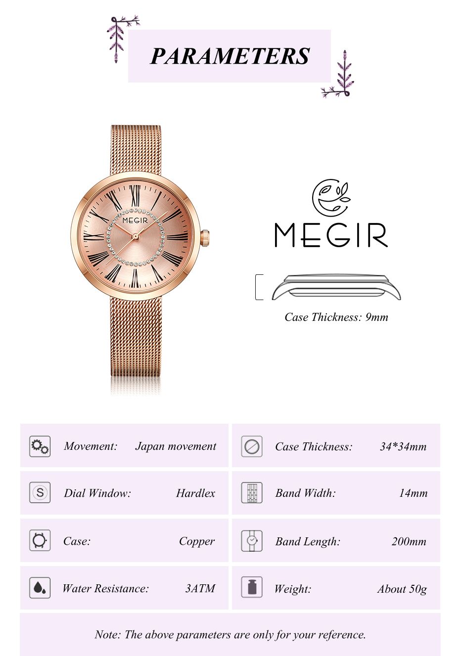 MEGIR 7014 women's quartz watch parameters graphic with case size, thickness and band dimensions, rose-gold model