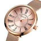 MEGIR 7014 women's quartz watch, rose-gold case, rose Roman-numeral dial with crystal ring and mesh bracelet, angled