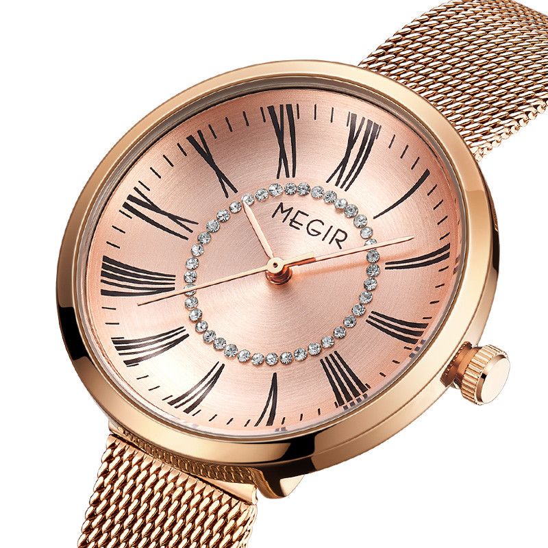 MEGIR 7014 women's quartz watch, rose-gold case, rose Roman-numeral dial with crystal ring and mesh bracelet, angled