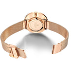 MEGIR 7014 quartz watch rose-gold-tone caseback with engraved branding and rose-gold mesh bracelet