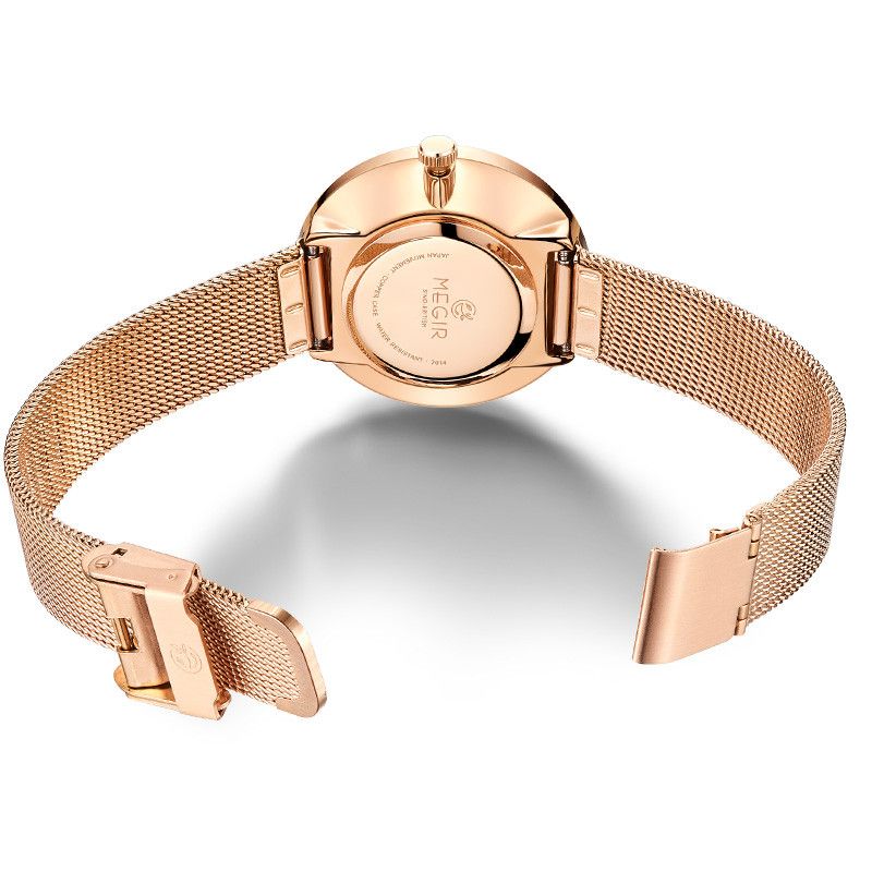 MEGIR 7014 quartz watch rose-gold-tone caseback with engraved branding and rose-gold mesh bracelet