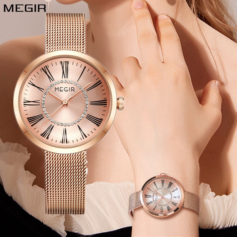 MEGIR 7014 women's quartz watch, rose-gold case, rose Roman-numeral dial and rose-gold mesh bracelet, front and wrist