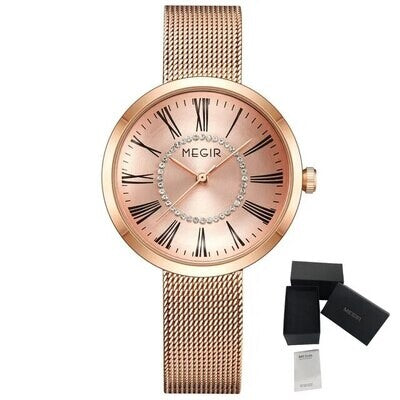 MEGIR 7014 women's quartz watch, rose-gold case, rose Roman-numeral dial and rose-gold mesh bracelet, with gift box