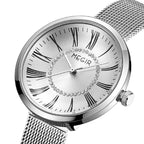 MEGIR 7014 women's quartz watch, silver case, white Roman-numeral dial with crystal ring and mesh bracelet, angled