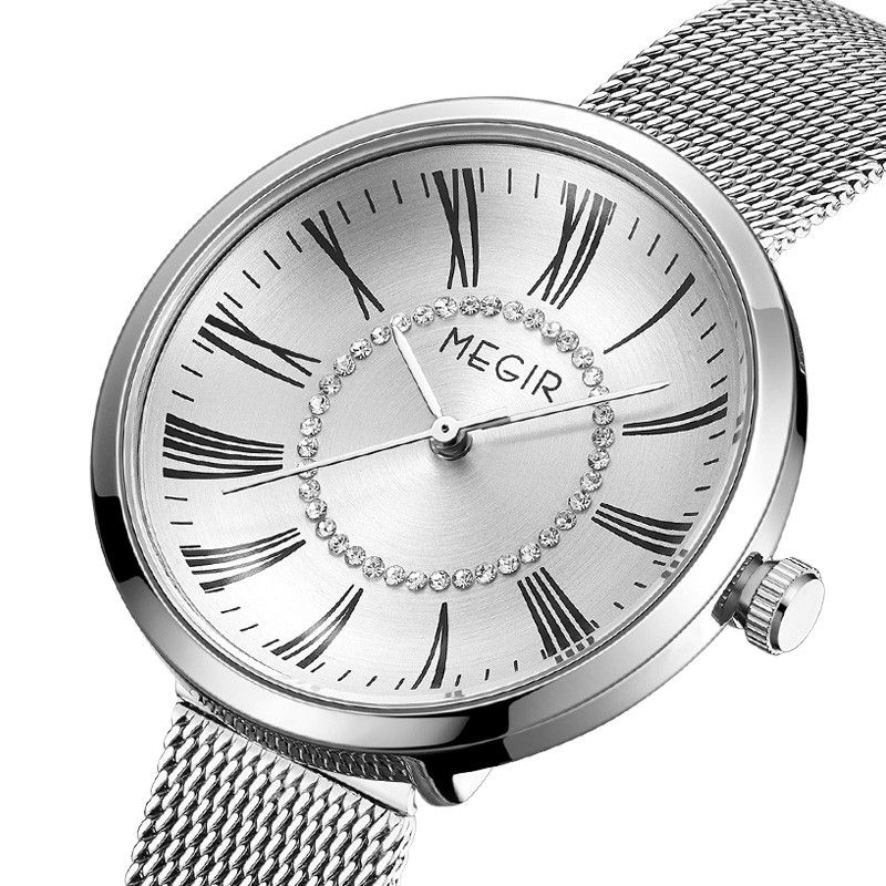 MEGIR 7014 women's quartz watch, silver case, white Roman-numeral dial with crystal ring and mesh bracelet, angled