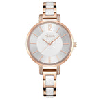 MEGIR 7016 women's quartz watch, rose-gold case, silver-white dial and white link bracelet, angled view