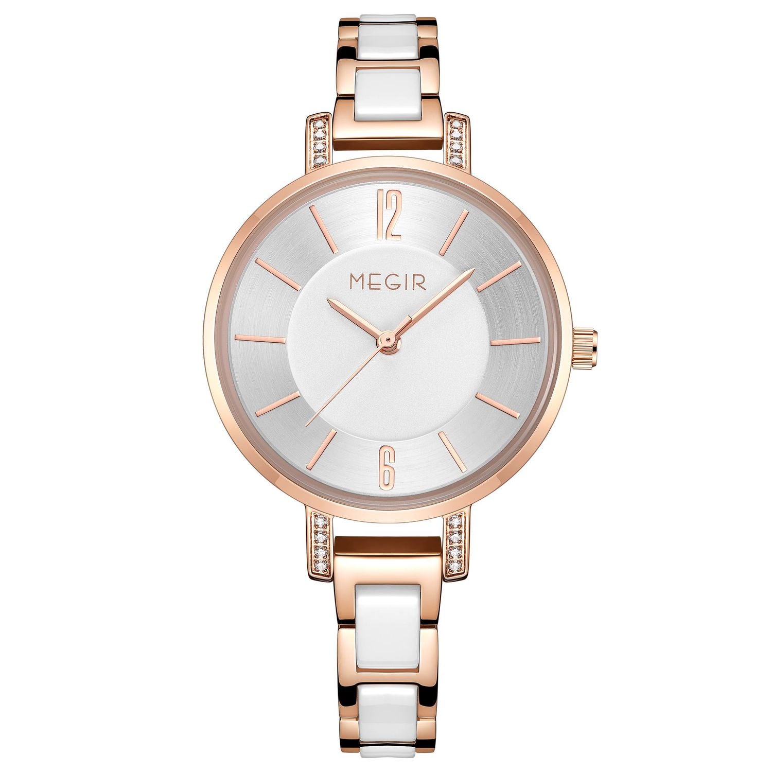 MEGIR 7016 women's quartz watch, rose-gold case, silver-white dial and white link bracelet, angled view