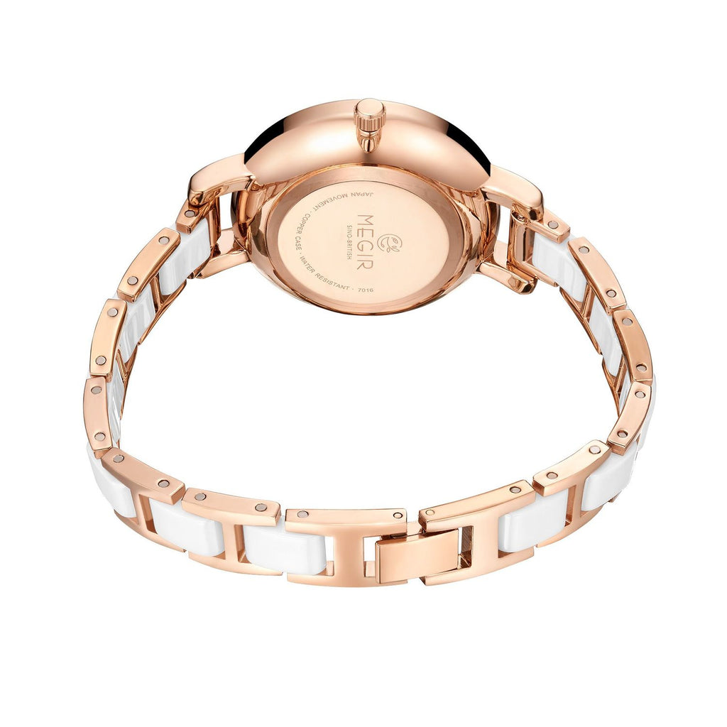 MEGIR 7016 quartz watch rose-gold-tone caseback with engraved branding and white link bracelet