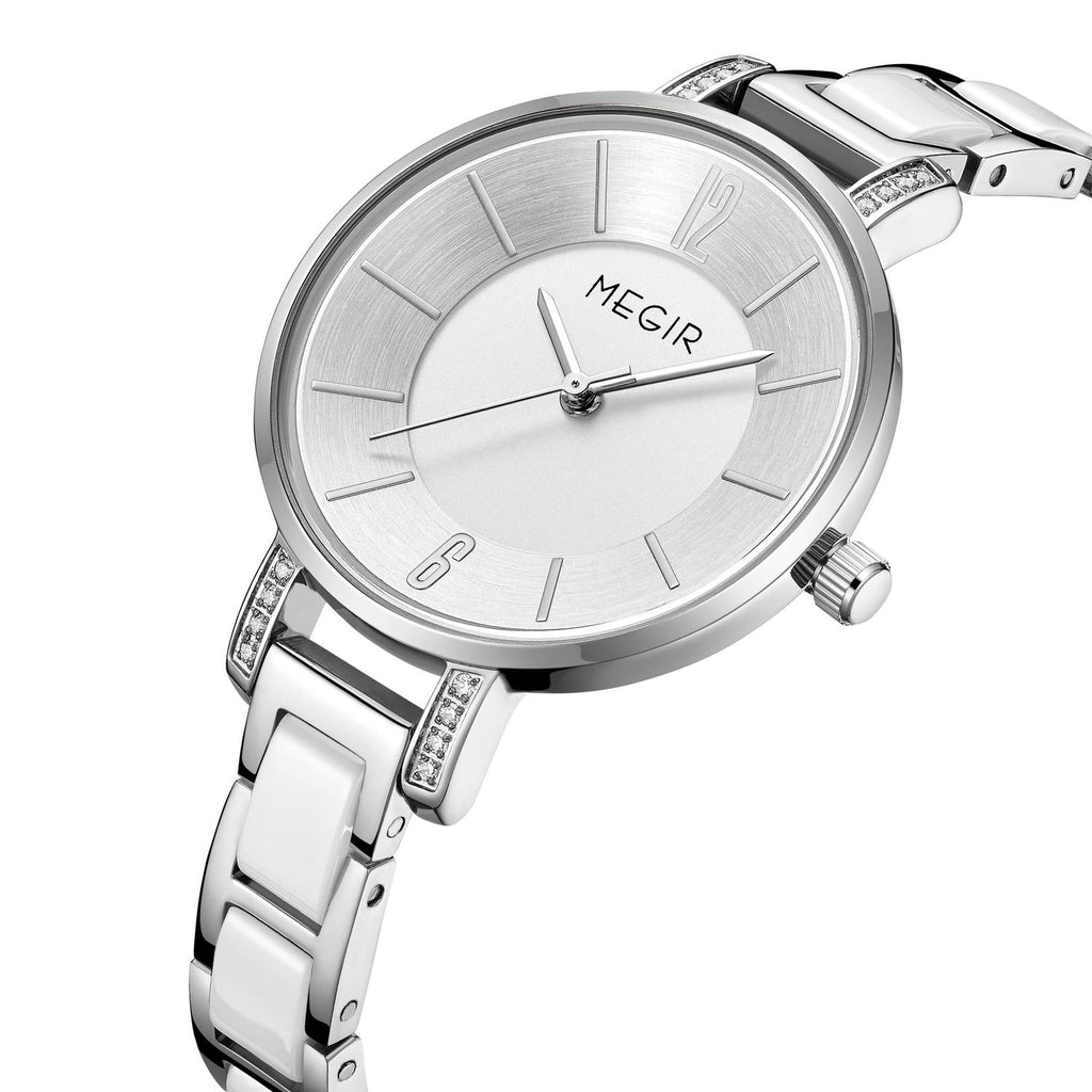 MEGIR 7016 women's quartz watch, rose-gold case, silver-white dial and white-and-rose-gold link bracelet, front
