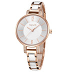 MEGIR 7016 women's quartz watch, rose-gold case, silver-white dial and white-and-rose-gold link bracelet, front view