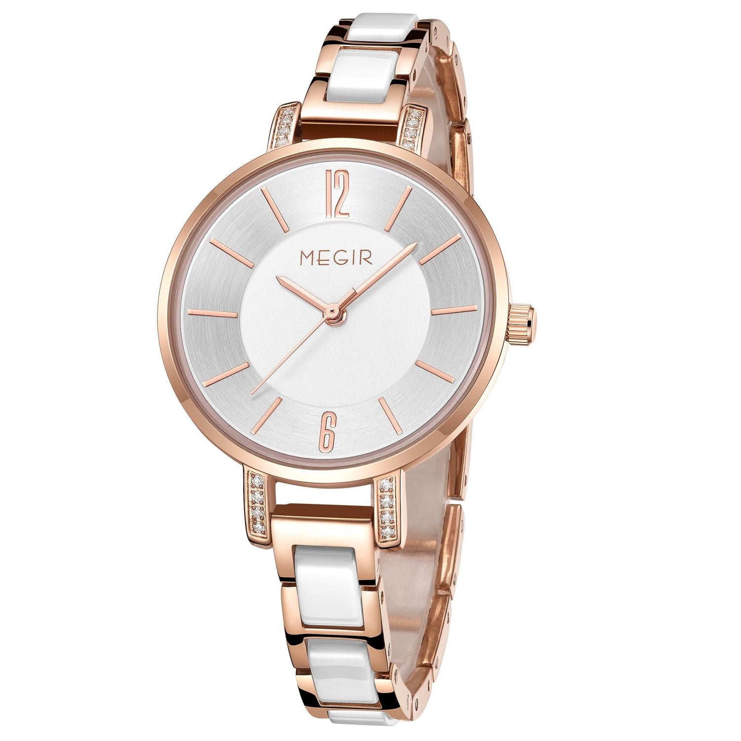 MEGIR 7016 women's quartz watch, rose-gold case, silver-white dial and white-and-rose-gold link bracelet, front view