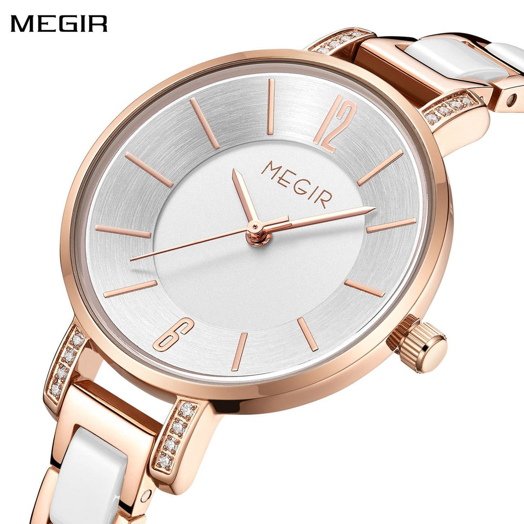 MEGIR 7016 women's quartz watch, rose-gold case, silver-white dial and white-and-rose-gold link bracelet, angled
