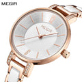 MEGIR 7016 women's quartz watch, rose-gold case, silver-white dial and white-and-rose-gold link bracelet, angled