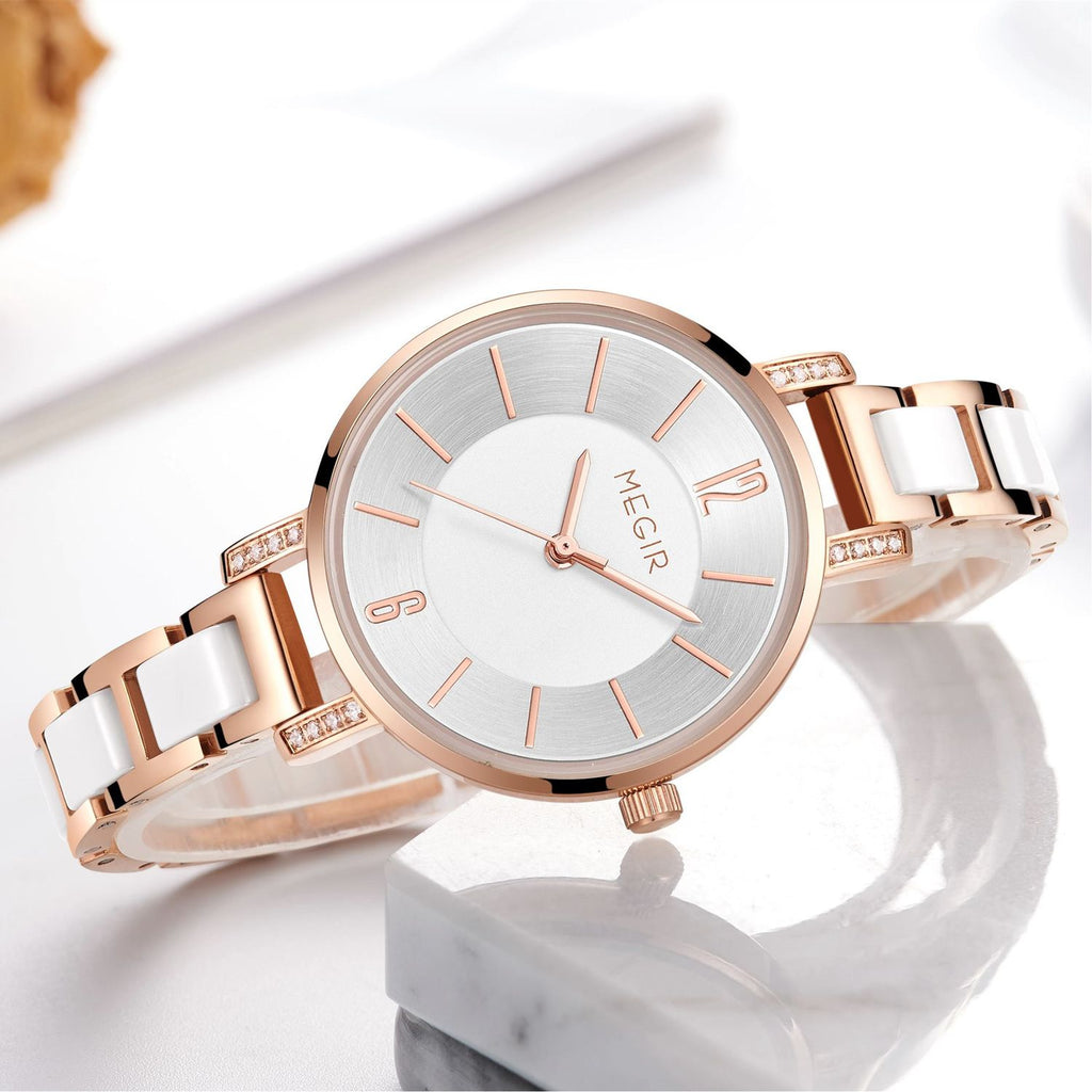 MEGIR 7016 women's quartz watch, rose-gold case, silver-white dial and white link bracelet, styled on marble