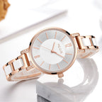 MEGIR 7016 women's quartz watch, rose-gold case, silver-white dial and white link bracelet, styled on marble