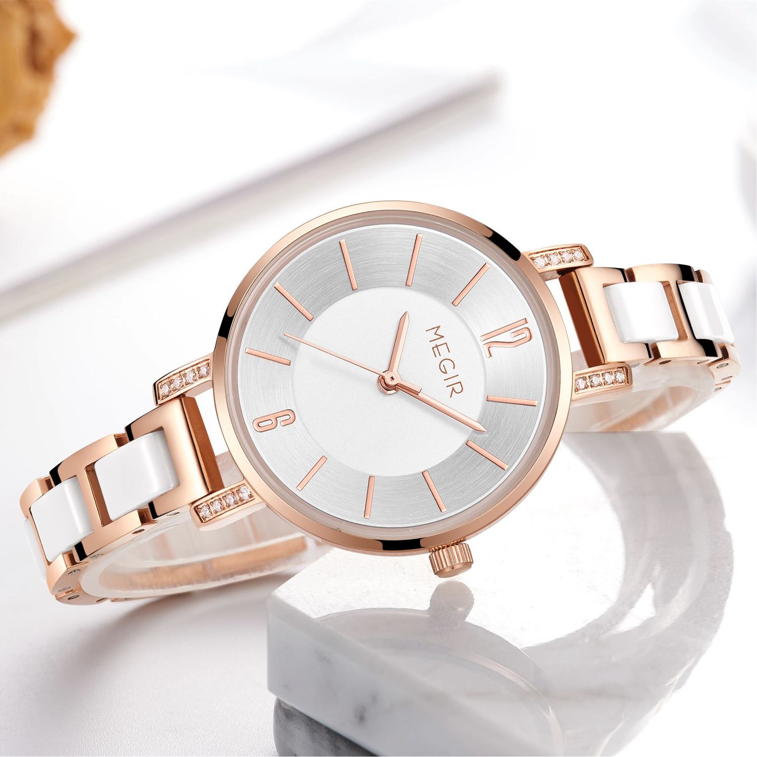 MEGIR 7016 women's quartz watch, rose-gold case, silver-white dial and white link bracelet, styled on marble