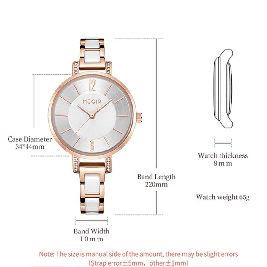 MEGIR 7016 women's quartz watch, silver case, silver-white dial and white-and-silver link bracelet, angled view