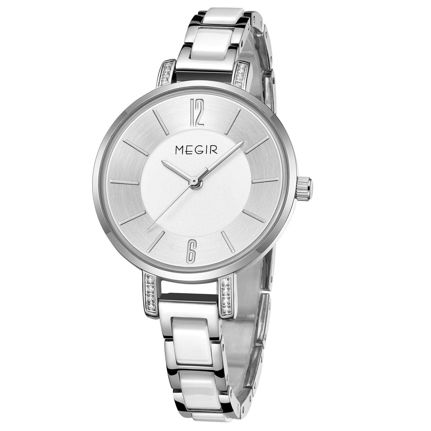MEGIR 7016 women's quartz watch, silver case, silver-white dial and white-and-silver link bracelet, front view