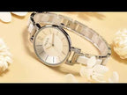 MEGIR 7016 women's quartz watch, silver case, silver-white dial and white link bracelet, styled with flowers