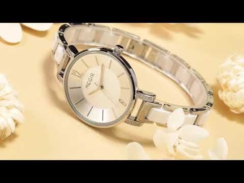 MEGIR 7016 women's quartz watch, silver case, silver-white dial and white link bracelet, styled with flowers
