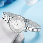 MEGIR 7016 women's quartz watch, silver case, silver-white dial and white-and-silver link bracelet, styled on marble