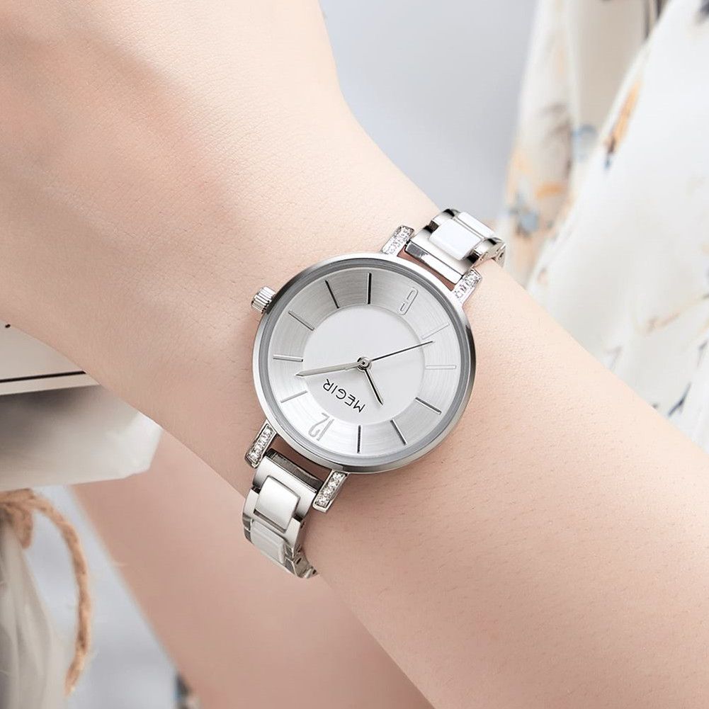 MEGIR 7016 quartz watch on the wrist, silver case, silver-white dial and white link bracelet, with floral blouse