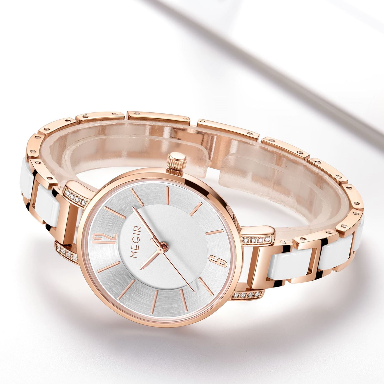 MEGIR 7016 women's quartz watch product size graphic with case, band and length dimensions, rose-gold model