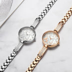 MEGIR 7018 women's diamond quartz watch color options showing silver and rose-gold butterfly-dial models