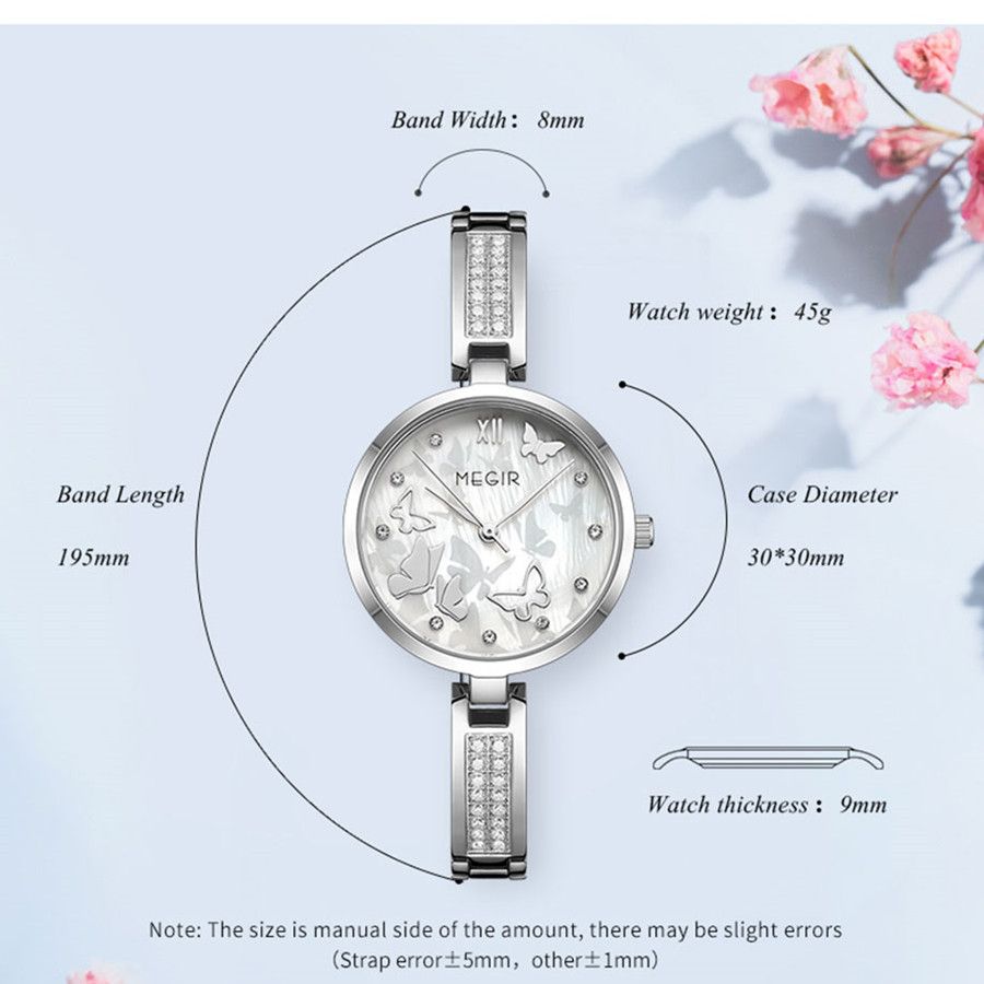 MEGIR 7018 women's diamond quartz watch product size graphic with case, band and length dimensions, rose-gold model