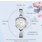 MEGIR 7018 women's diamond quartz watch product size graphic with case, band and length dimensions, rose-gold model