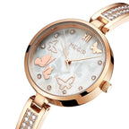 MEGIR 7018 women's diamond quartz watch, rose-gold case, butterfly mother-of-pearl dial and crystal bracelet, angled