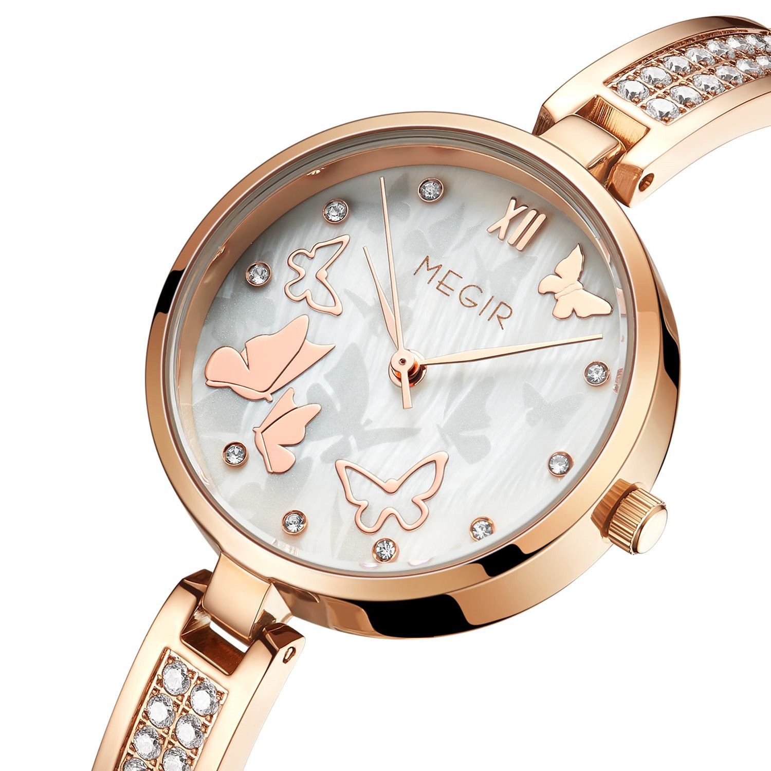 MEGIR 7018 women's diamond quartz watch, rose-gold case, butterfly mother-of-pearl dial and crystal bracelet, angled