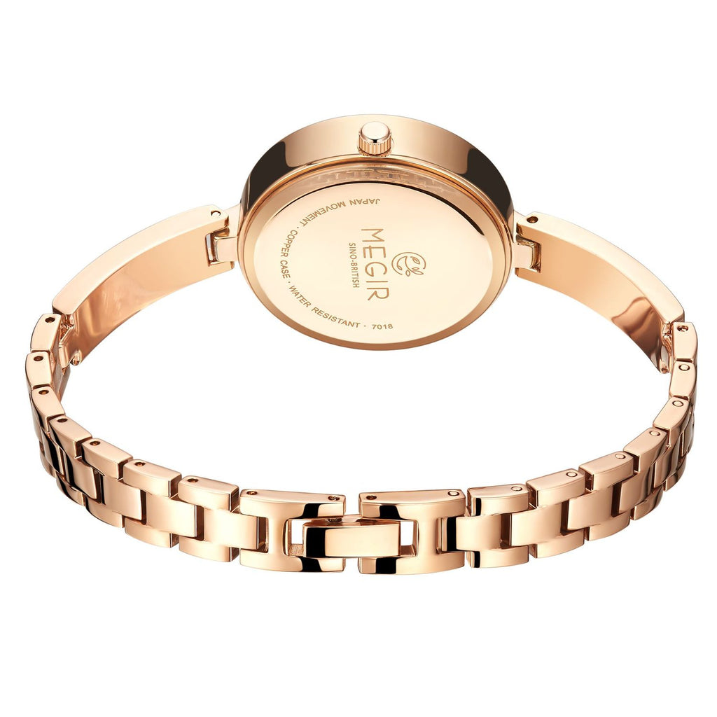 MEGIR 7018 diamond quartz watch rose-gold-tone caseback with engraved branding and crystal bracelet