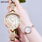 MEGIR 7018 women's diamond quartz watch, rose-gold case, butterfly pearl dial and crystal bracelet, front and wrist